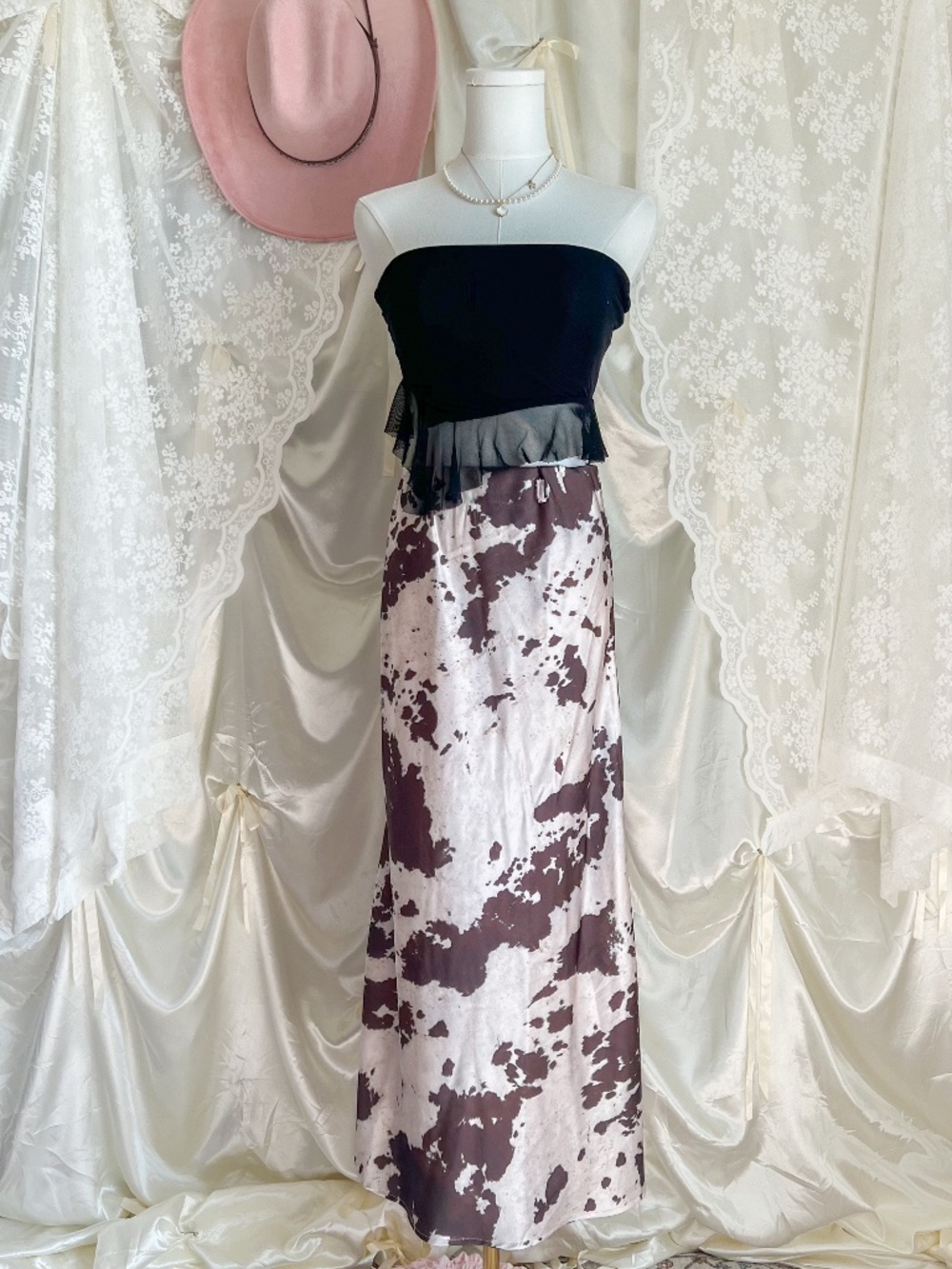 Boutique Cow Print Satin Maxi Skirt